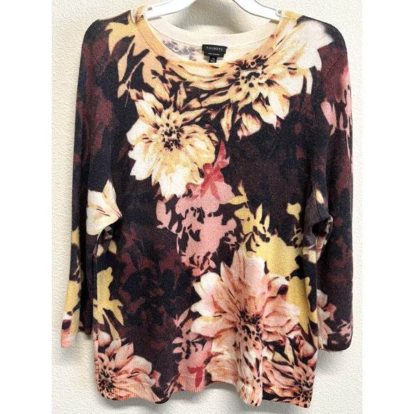 Talbots Sweaters - Talbots 100% Pure Cashmere Floral Sweater Top 3/4 Sleeve XL Pullover Brown/Coral